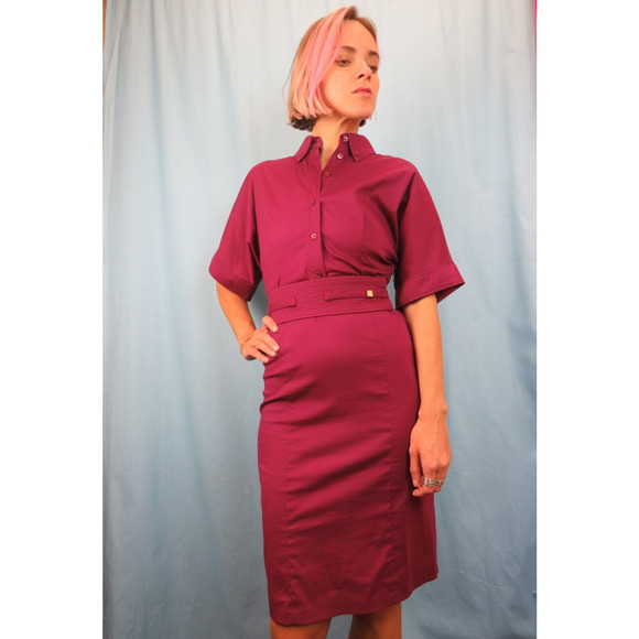 NWT GUCCI WINE COTTON KIMONO SLEEVE BUTTON BELTED MIDI DRESS 42 6 ITALY - Picture 1 of 12